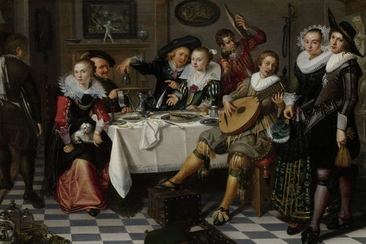 Obraz Na Płótnie Merry Company – nostalgiczna scena towarzyska do wnętrz eklektycznych i vintage 120x80