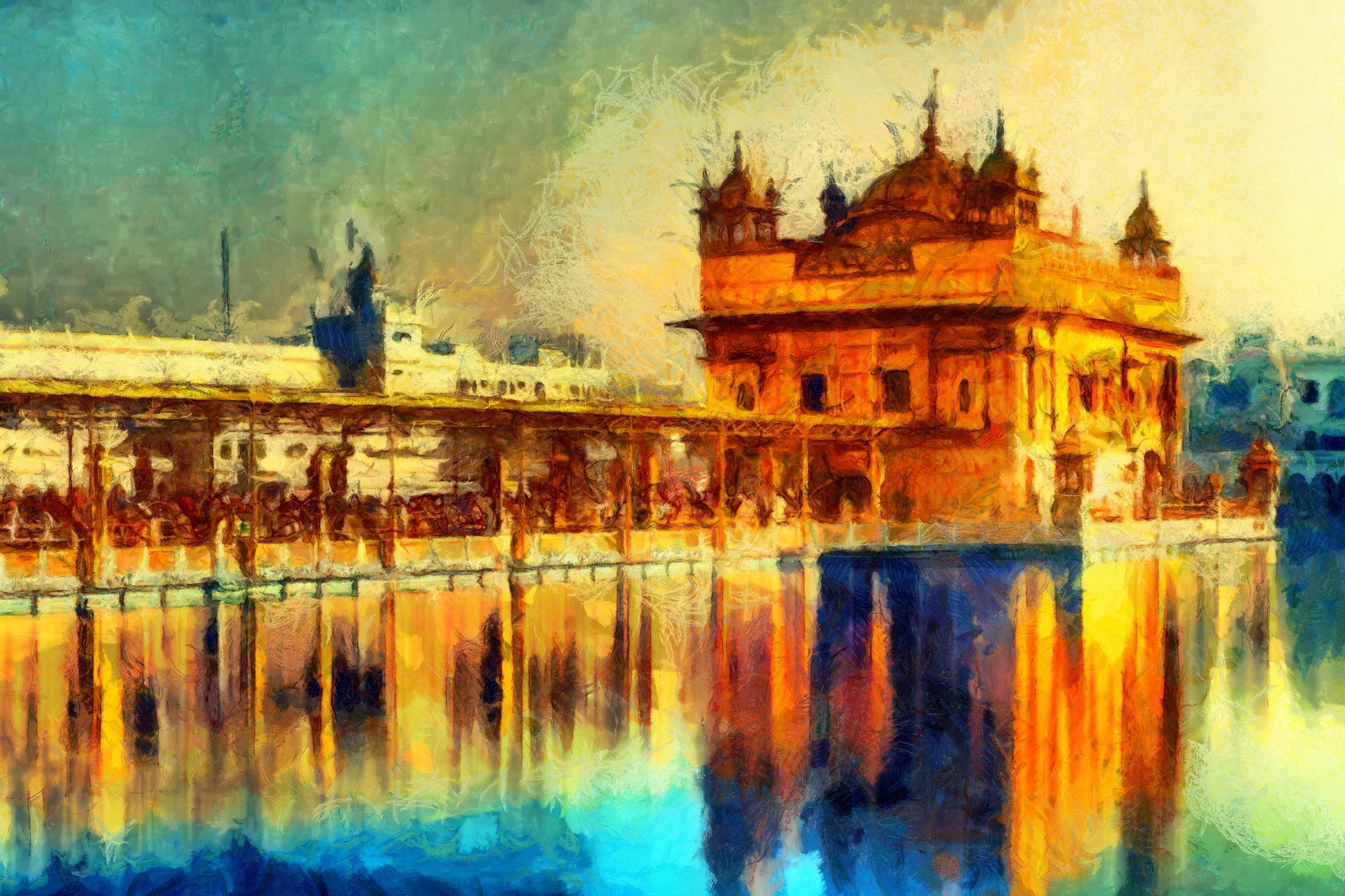 Obraz Na Płótnie Złota Świątynia w Amritsar – spokojna dekoracja w złocie i błękicie do wnętrz klasycznych i orientalnych 120x80