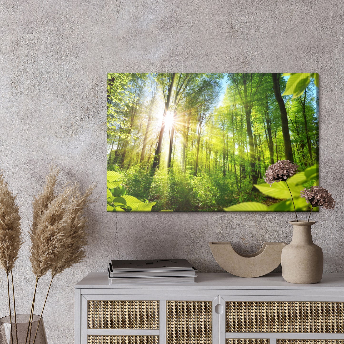 Obraz Na Płótnie Wschód Słońca w Lesie – subtelna dekoracja do wnętrz naturalnych i skandynawskich – widok 2