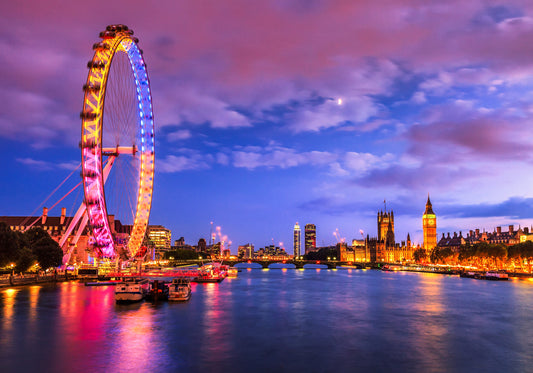 Obraz Na Płótnie London Eye Wieczorem – miejski pejzaż w chłodnych odcieniach do wnętrz nowoczesnych i loftowych 120x80