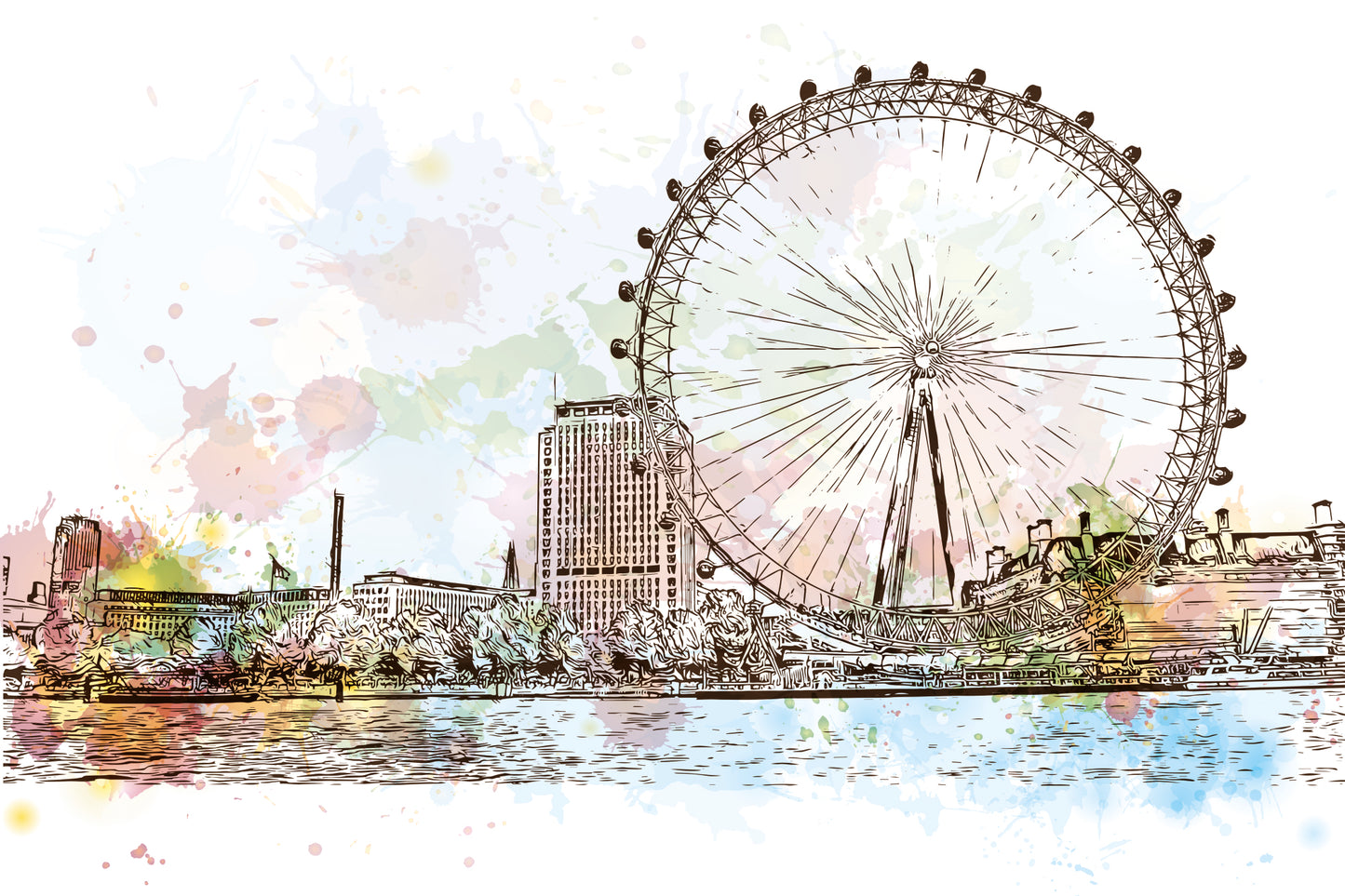 Obraz Na Płótnie London Eye – akwarelowy pejzaż do wnętrz nowoczesnych, skandynawskich i loftowych. 120x80