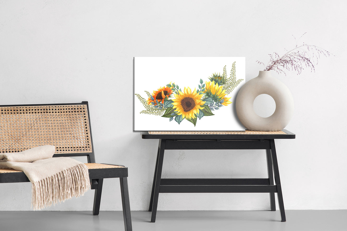 Obraz Na Płótnie Słoneczniki Z Liśćmi – słoneczny akcent do wnętrz boho, prowansalskich i klasycznych. – widok 5