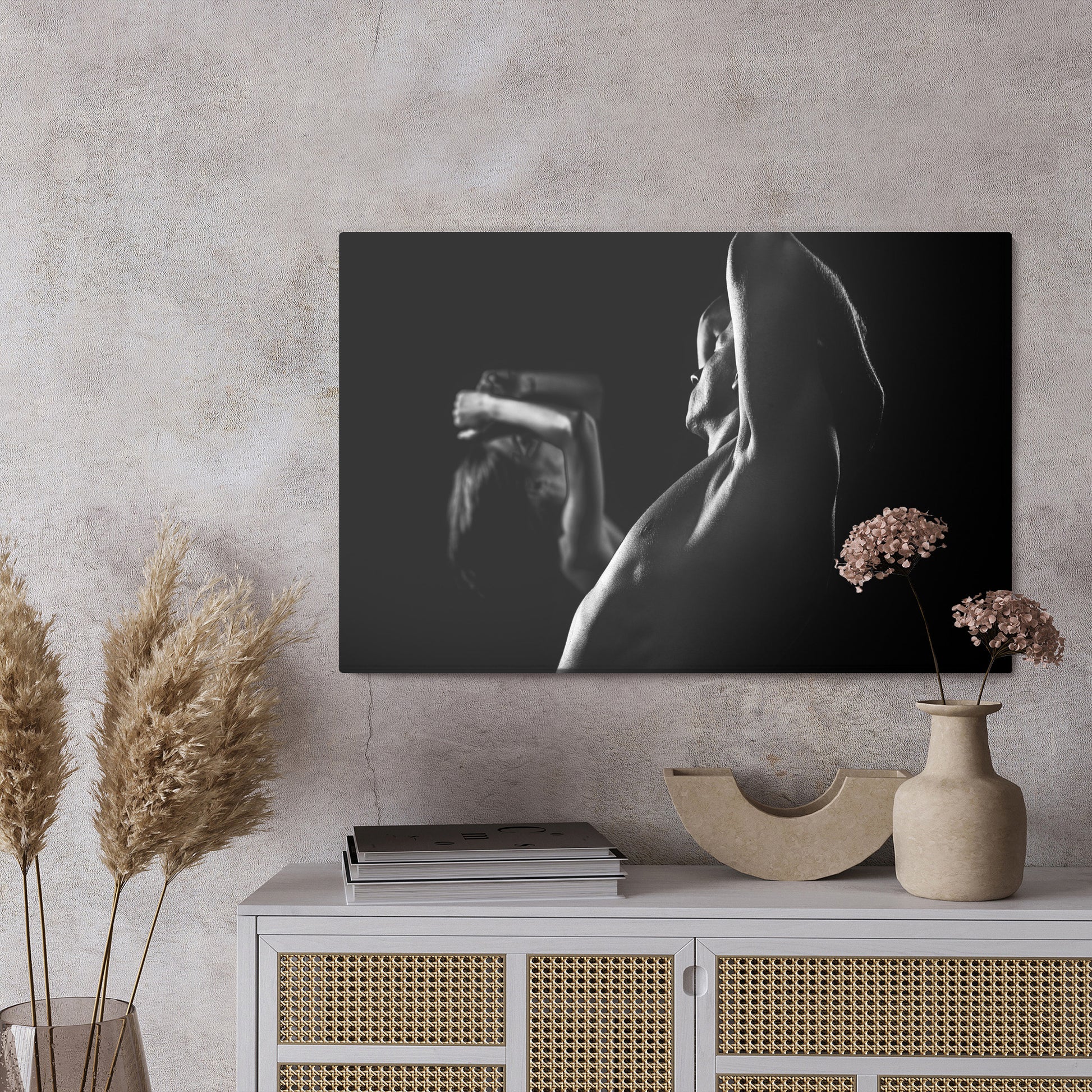 Obraz Na Płótnie Ćwicząca Para – minimalistyczna fotografia w stonowanych barwach do wnętrz loft i nowoczesnych – widok 2
