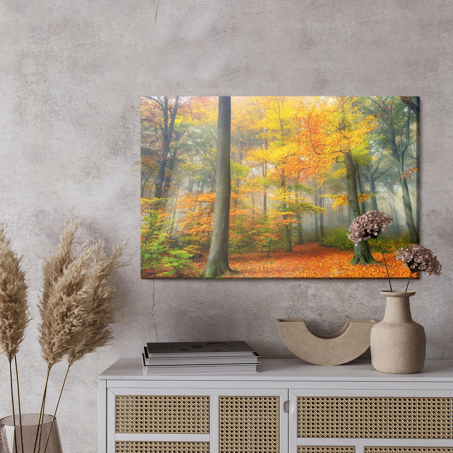 Obraz Na Płótnie Mglisty Las Jesienią – spokojny pejzaż do wnętrz skandynawskich i nowoczesnych – widok 2