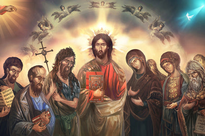 Obraz Na Płótnie Jezus Chrystus i Święci – dzieło sakralne do wnętrz klasycznych i kontemplacyjnych 120x80