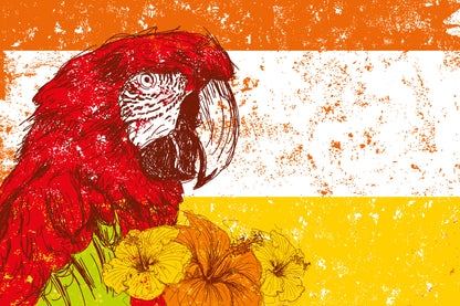 Obraz Na Płótnie Papuga Ara z Kwiatami – egzotyczna kompozycja w stylu retro do wnętrz kolonialnych i boho 120x80