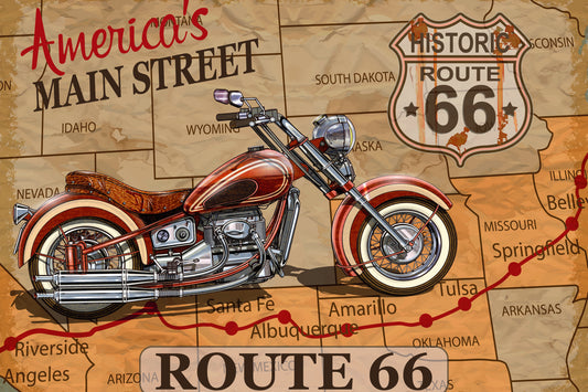 Obraz Na Płótnie Motocykl na Mapie USA – vintage dekoracja do wnętrz industrialnych i loftowych 100x70
