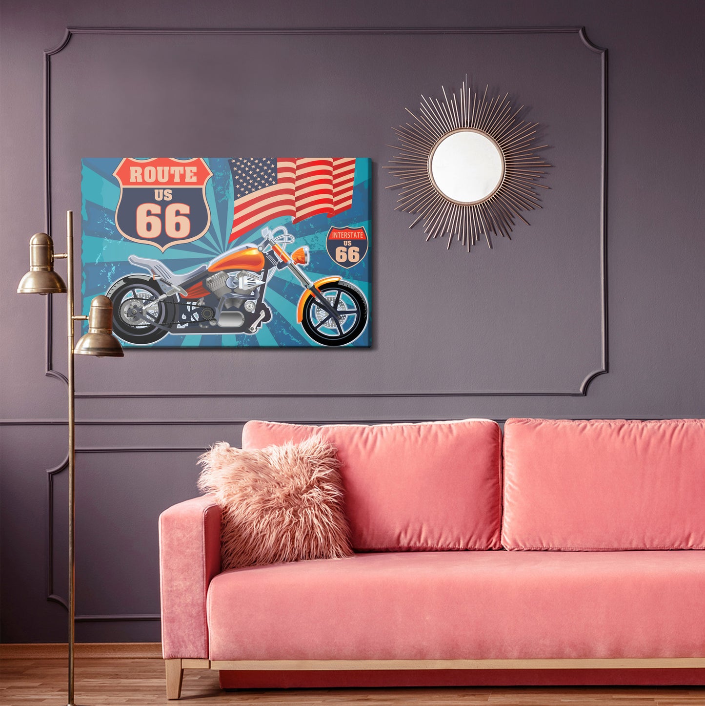 Obraz Na Płótnie Motocykl Vintage z Flagą USA – dynamiczny styl retro do wnętrz industrialnych i loft. – widok 3