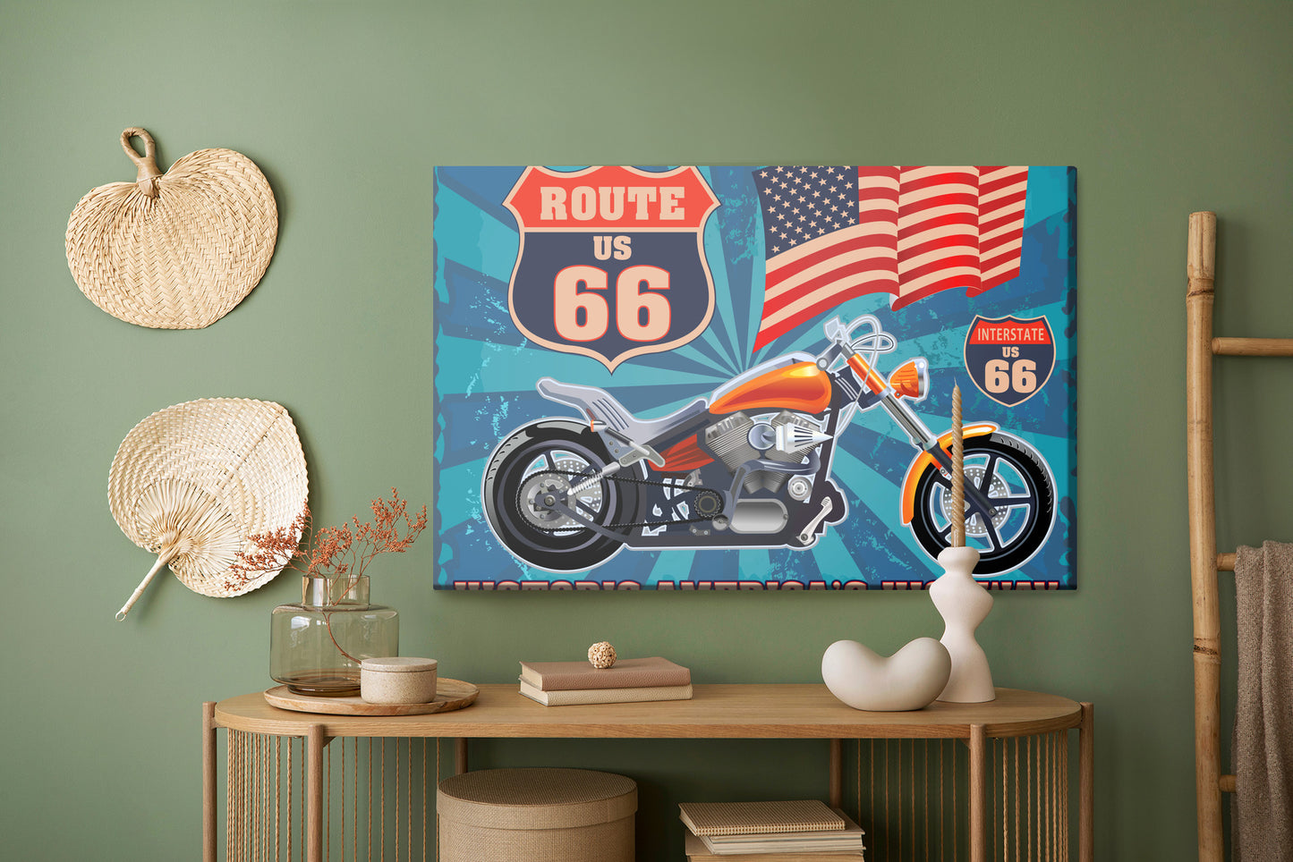 Obraz Na Płótnie Motocykl Vintage z Flagą USA – dynamiczny styl retro do wnętrz industrialnych i loft. – widok 4