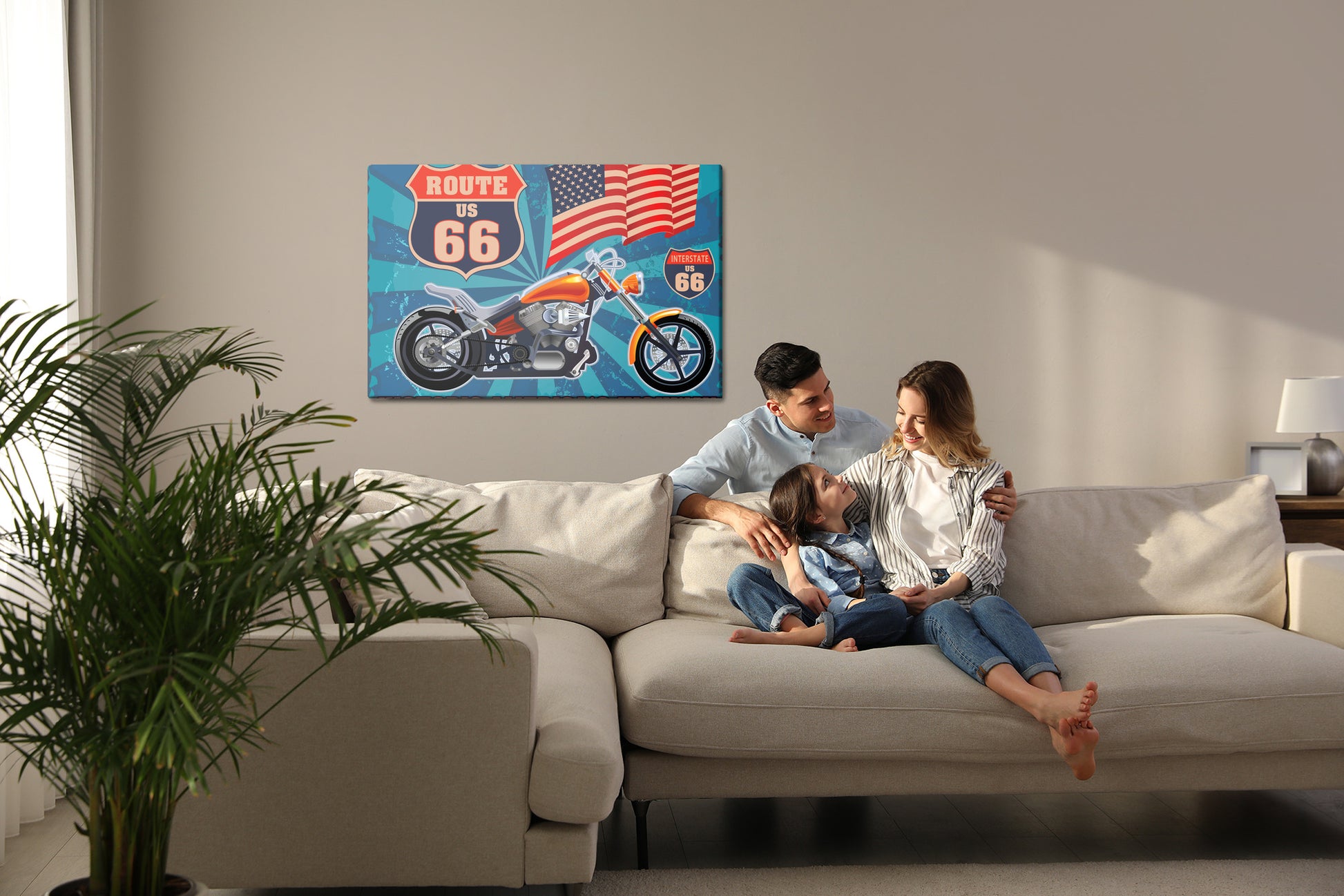 Obraz Na Płótnie Motocykl z Flagą USA – Vintage, surowy styl do wnętrz industrialnych i retro – widok 6