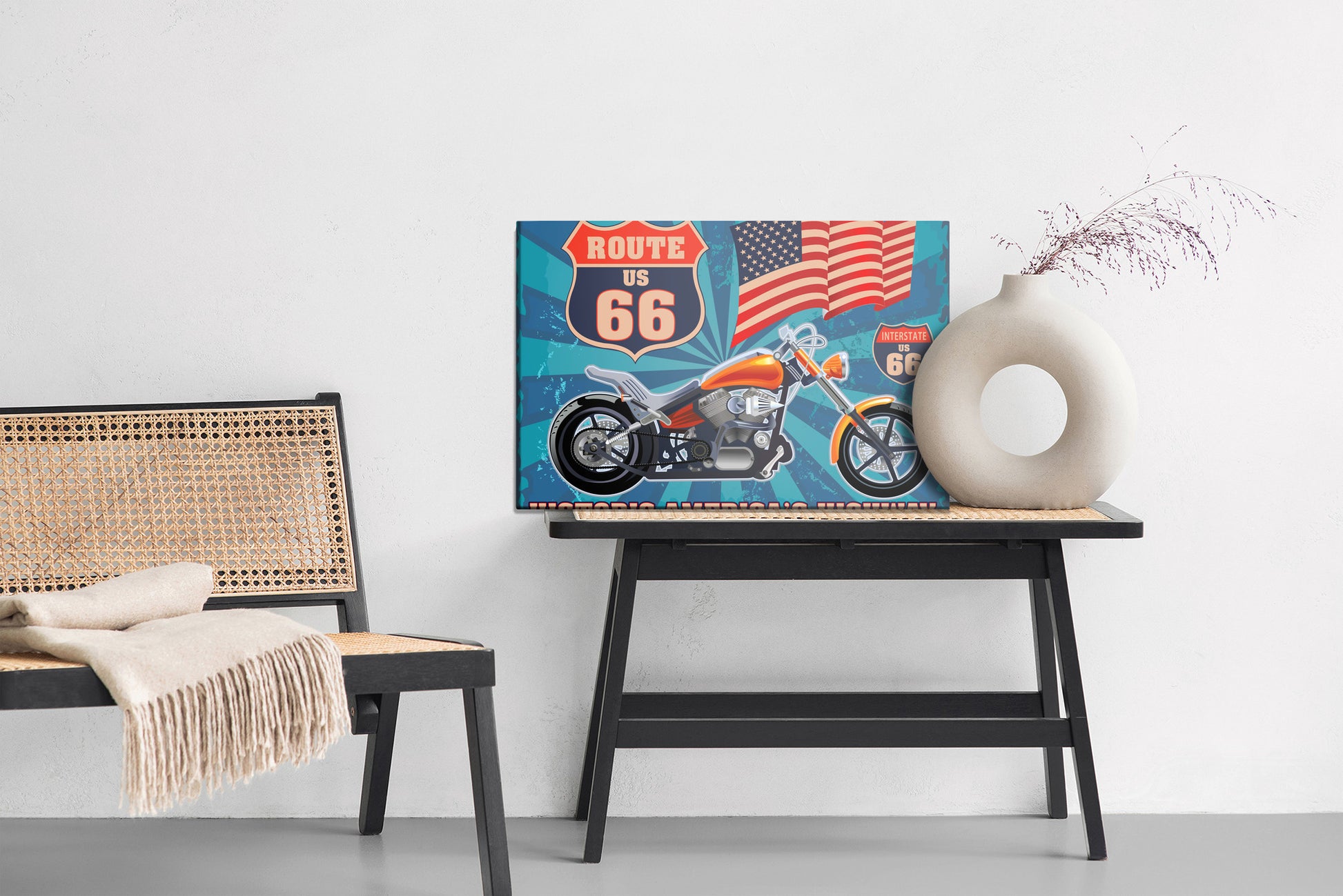 Obraz Na Płótnie Motocykl z Flagą USA – Vintage, surowy styl do wnętrz industrialnych i retro – widok 5