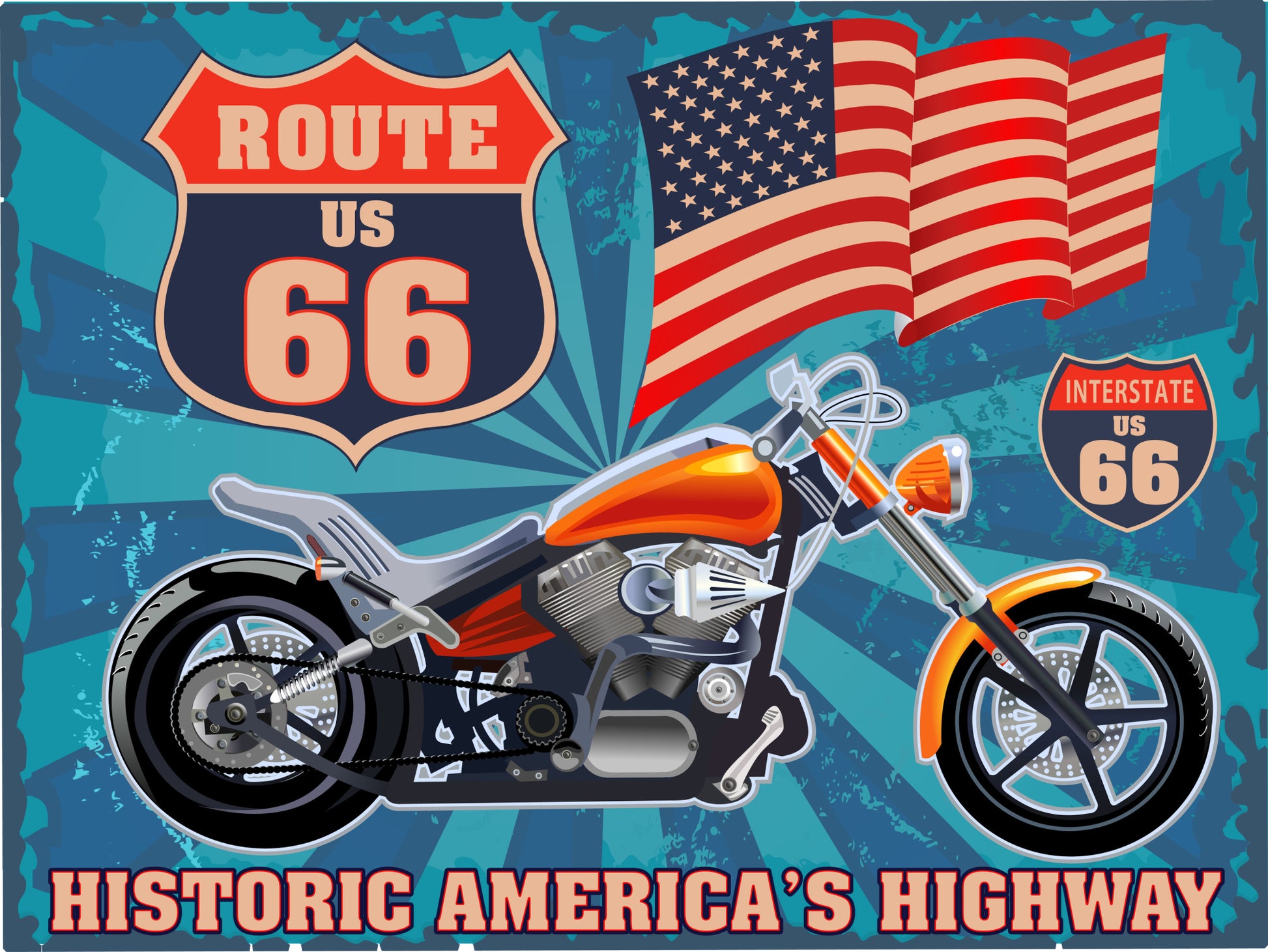 Obraz Na Płótnie Motocykl z Flagą USA – Vintage, surowy styl do wnętrz industrialnych i retro 120x80