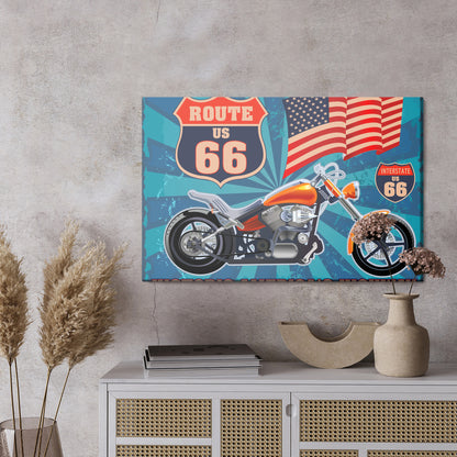 Obraz Na Płótnie Motocykl Vintage z Flagą USA – dynamiczny styl retro do wnętrz industrialnych i loft. – widok 2