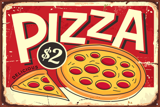 Obraz Na Płótnie Pizza z Napisem Retro – kulinarny akcent do wnętrz industrialnych, retro i nowoczesnych 100x70
