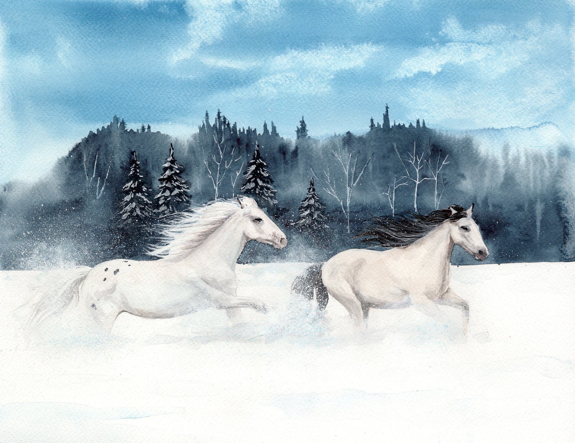 Obraz Na Płótnie Konie Galopujące w Śniegu – dynamiczna scena zimowa do wnętrz skandynawskich i modern classic 120x80