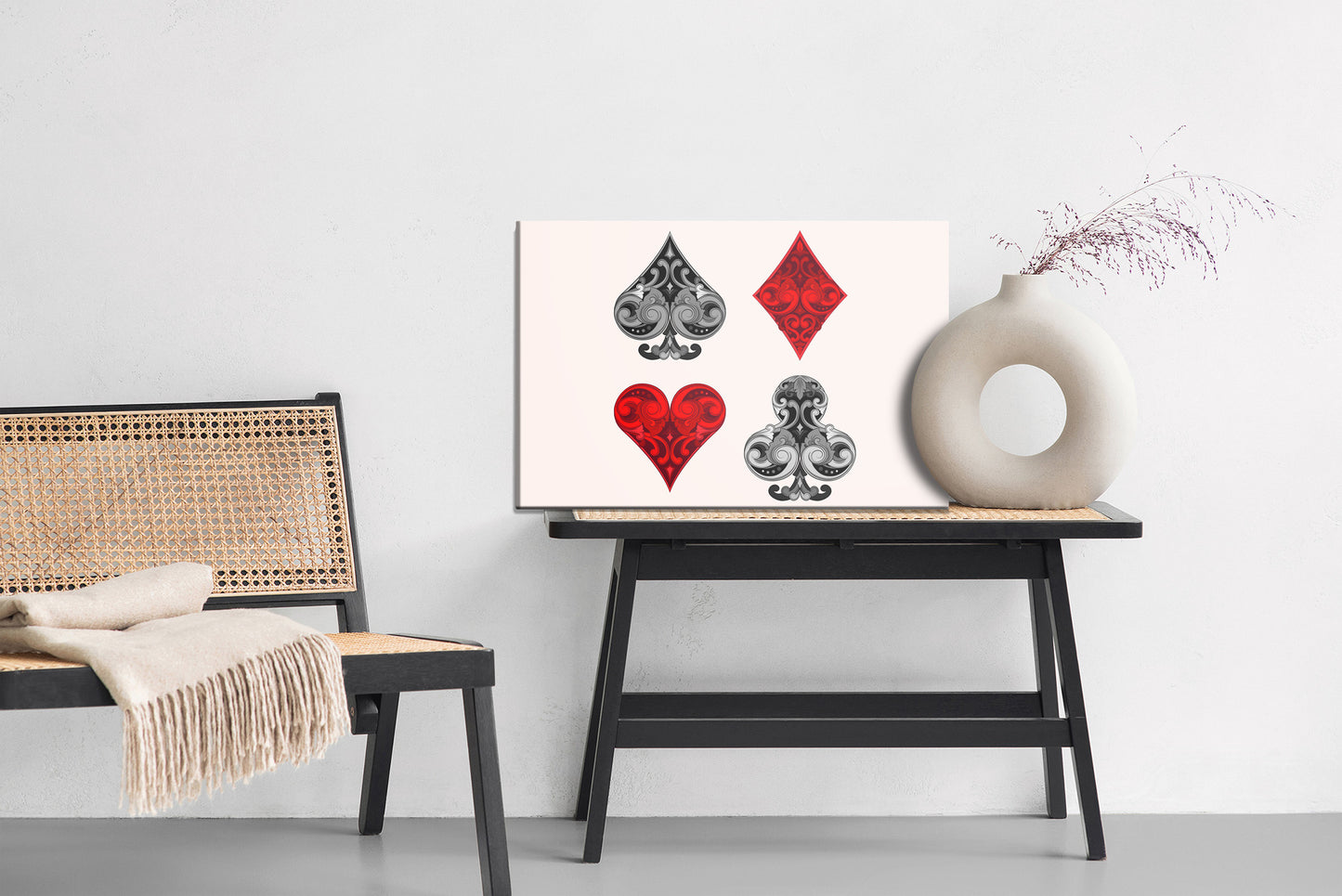 Obraz Na Płótnie Symbole Kart – elegancka grafika w czerwono-czarnej palecie do wnętrz Art Deco i Glamour – widok 5