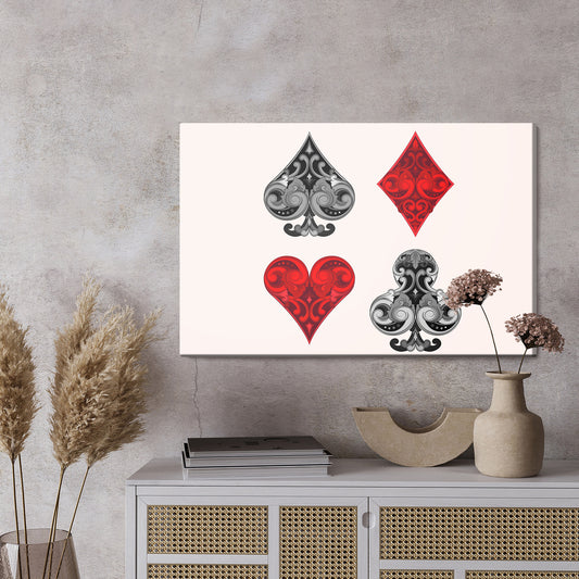 Obraz Na Płótnie Symbole Kart – elegancka grafika w czerwono-czarnej palecie do wnętrz Art Deco i Glamour – widok 2