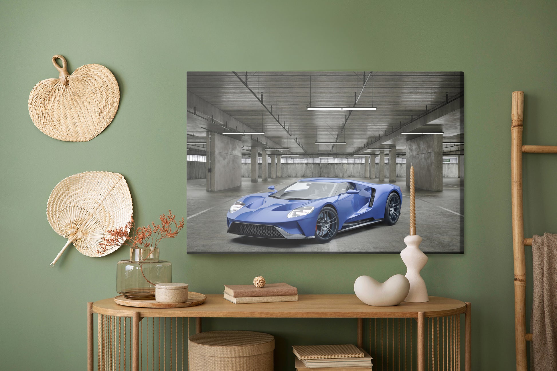 Obraz Na Płótnie Sportowy Samochód w Garażu – industrialna dekoracja do wnętrz loft i nowoczesnych – widok 4