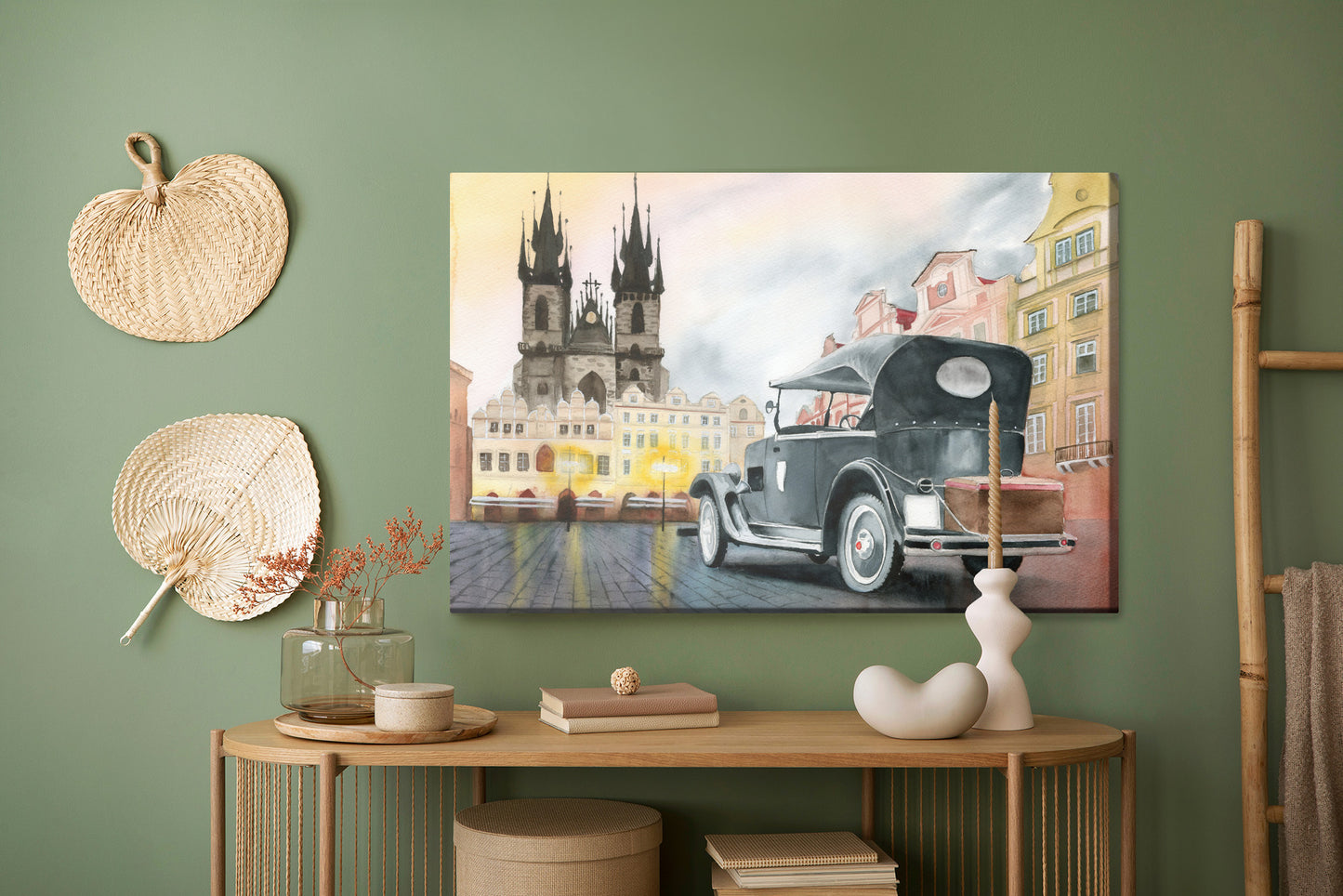 Obraz Na Płótnie Stare Miasto z Samochodem – akwarelowy pejzaż do wnętrz vintage, klasycznych, eklektycznych – widok 4
