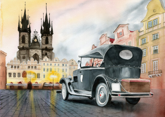 Obraz Na Płótnie Stare Miasto z Samochodem – akwarelowy pejzaż do wnętrz vintage, klasycznych, eklektycznych 120x80