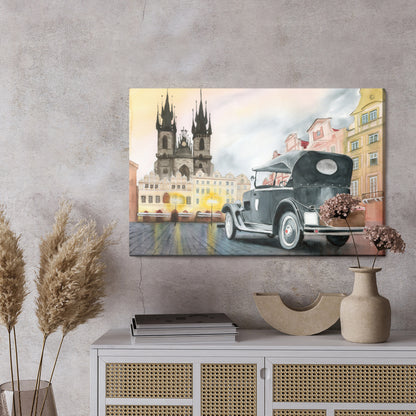 Obraz Na Płótnie Stare Miasto z Samochodem – akwarelowy pejzaż do wnętrz vintage, klasycznych, eklektycznych – widok 2