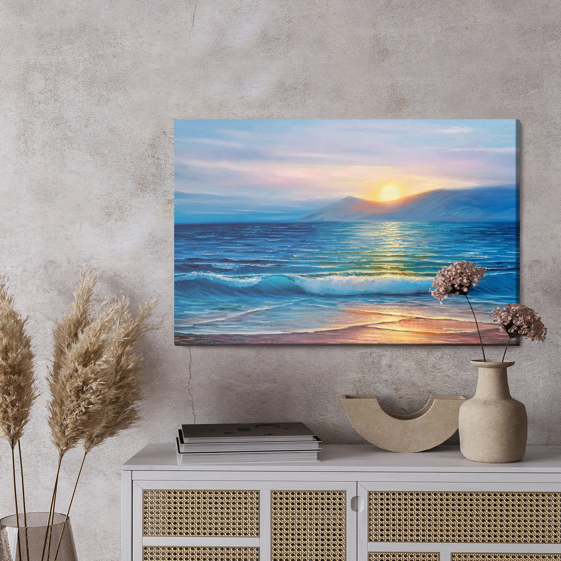 Obraz Na Płótnie Zachód Słońca Nad Morzem – malowniczy pejzaż do wnętrz nowoczesnych i boho – widok 2