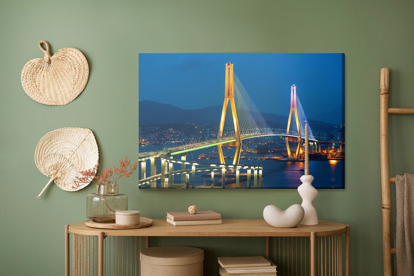 Obraz Na Płótnie Most Busan Harbor Bridge – Nocny pejzaż miejski do wnętrz nowoczesnych, industrialnych. – widok 4