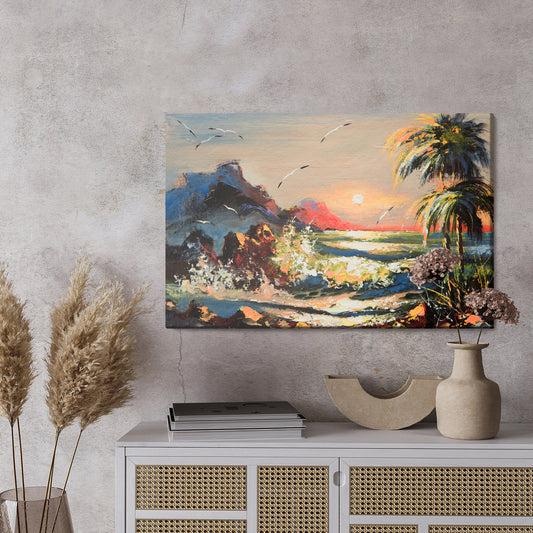 Obraz Na Płótnie Tropikalne Morze i Palmy – jasny pejzaż do wnętrz skandynawskich i wypoczynkowych – widok 2