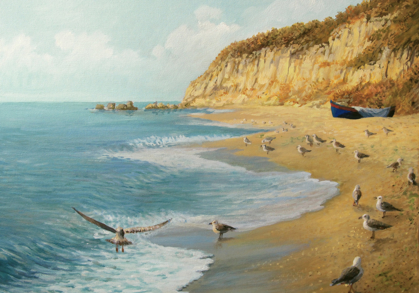 Obraz Na Płótnie Mewy nad Plażą – spokojny pejzaż do wnętrz skandynawskich i coastal 120x80
