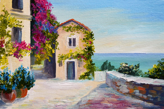 Obraz Na Płótnie Morze Santorini – błękitny pejzaż do wnętrz śródziemnomorskich, skandynawskich i coastal. 120x80