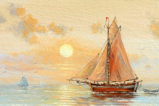 Obraz Na Płótnie Pejzaż Morski z Łodzią – sielski obraz w pastelach do wnętrz skandynawskich i coastal 120x80
