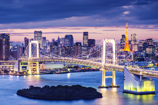 Obraz Na Płótnie Tęczowy Most w Tokio – nocna panorama w żywych kolorach do wnętrz nowoczesnych i urban 120x80