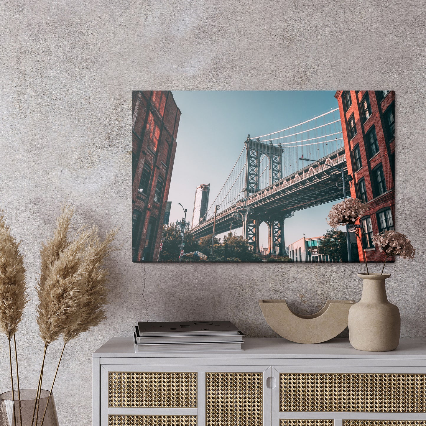 Obraz Na Płótnie Most Manhattan Bridge, Nowy Jork – dynamiczny pejzaż miejski do wnętrz industrialnych i nowoczesnych – widok 2