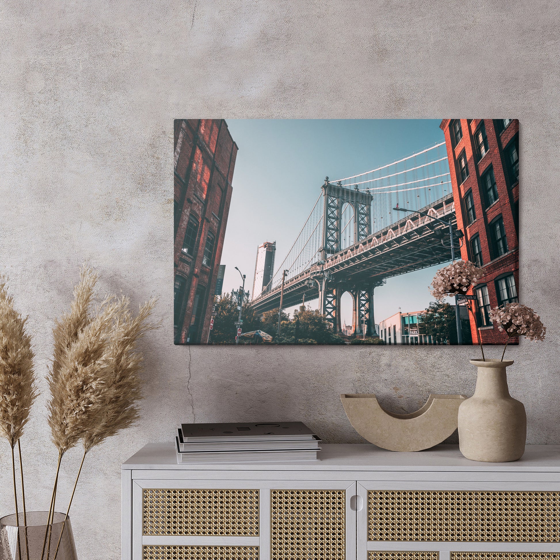 Obraz Na Płótnie Most Manhattan Bridge, Nowy Jork – dynamiczny pejzaż miejski do wnętrz industrialnych i nowoczesnych – widok 2