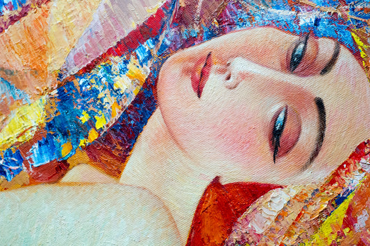 Obraz Na Płótnie Portret Młodej Kobiety – ekspresyjna dekoracja w żywych barwach do wnętrz modern i art deco 120x80