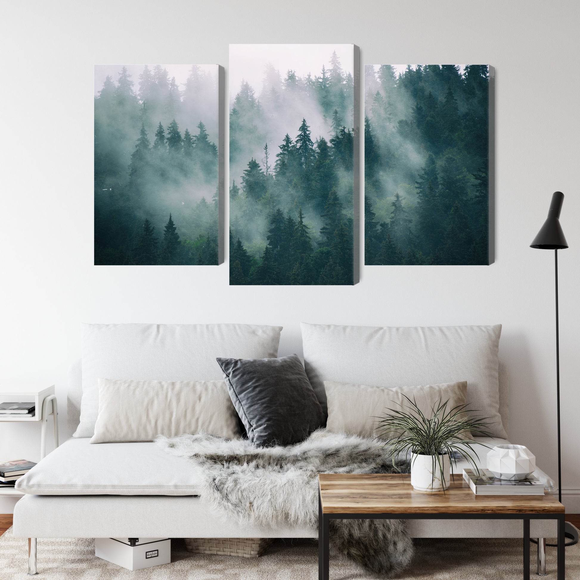 Obraz Wieloczęściowy Mgła w Zielonym Lesie – kojący pejzaż do wnętrz naturalnych, skandynawskich i nowoczesnych – widok 3