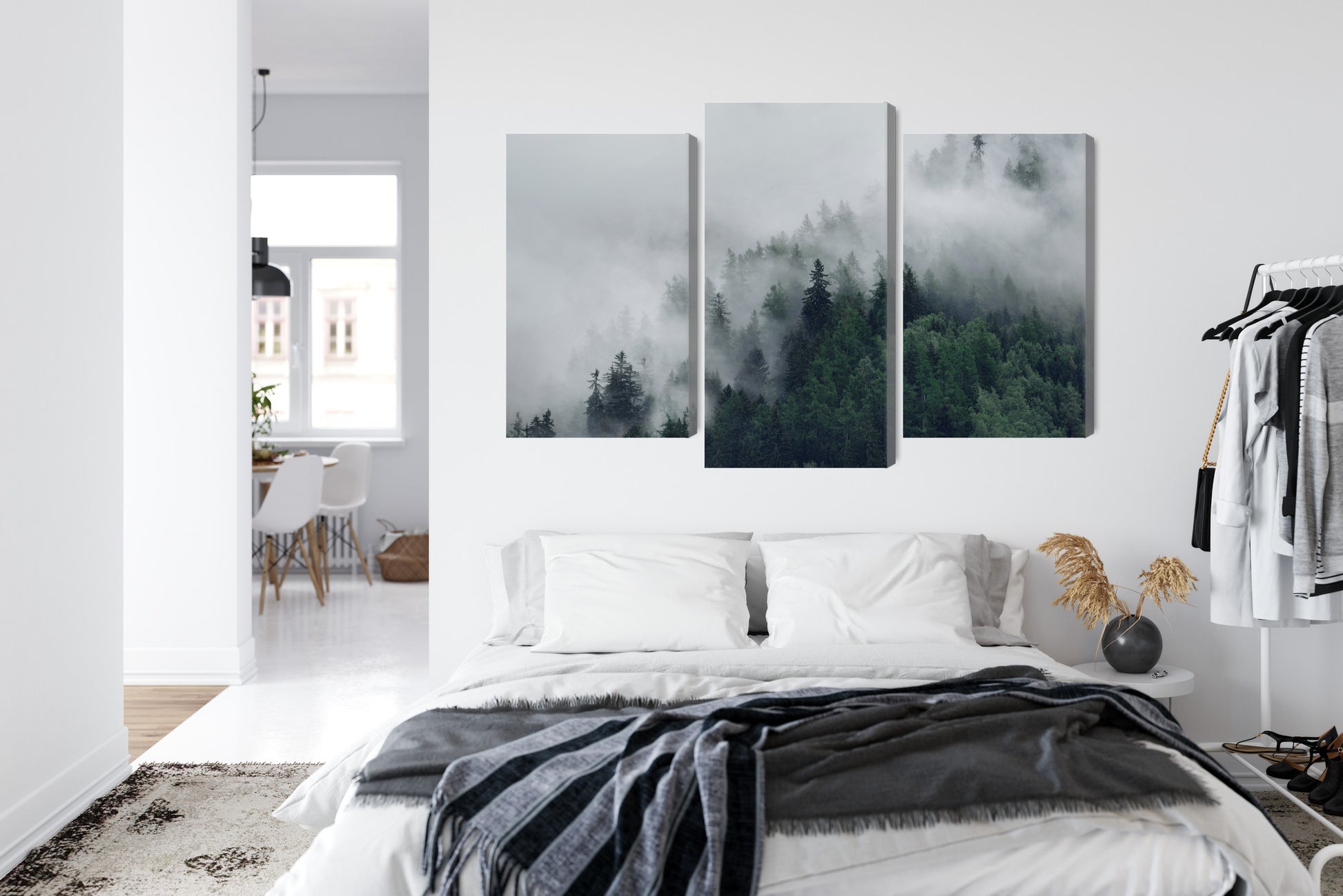 Obraz Wieloczęściowy Mglisty Las – spokojna panorama natury do wnętrz skandynawskich, japandi, minimalistycznych – widok 6
