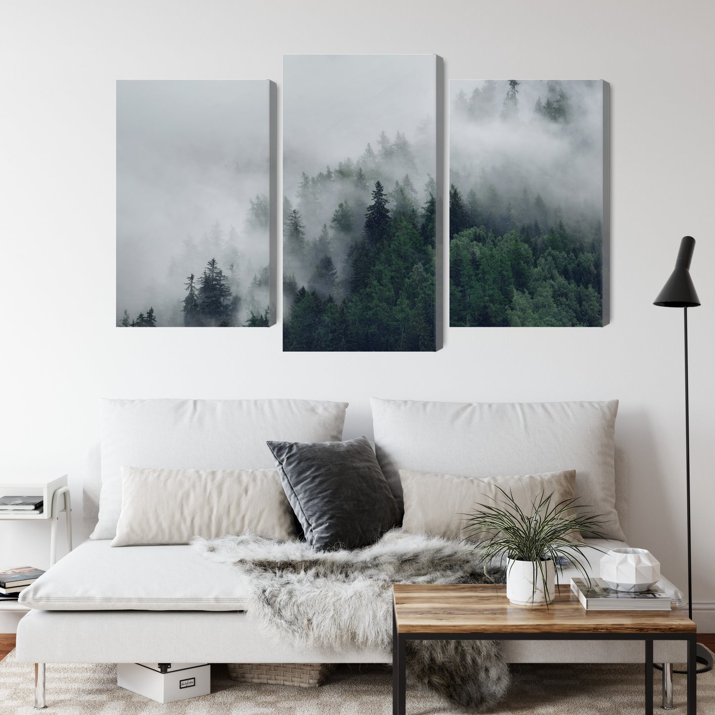 Obraz Wieloczęściowy Mglisty Las – spokojna panorama natury do wnętrz skandynawskich, japandi, minimalistycznych – widok 3