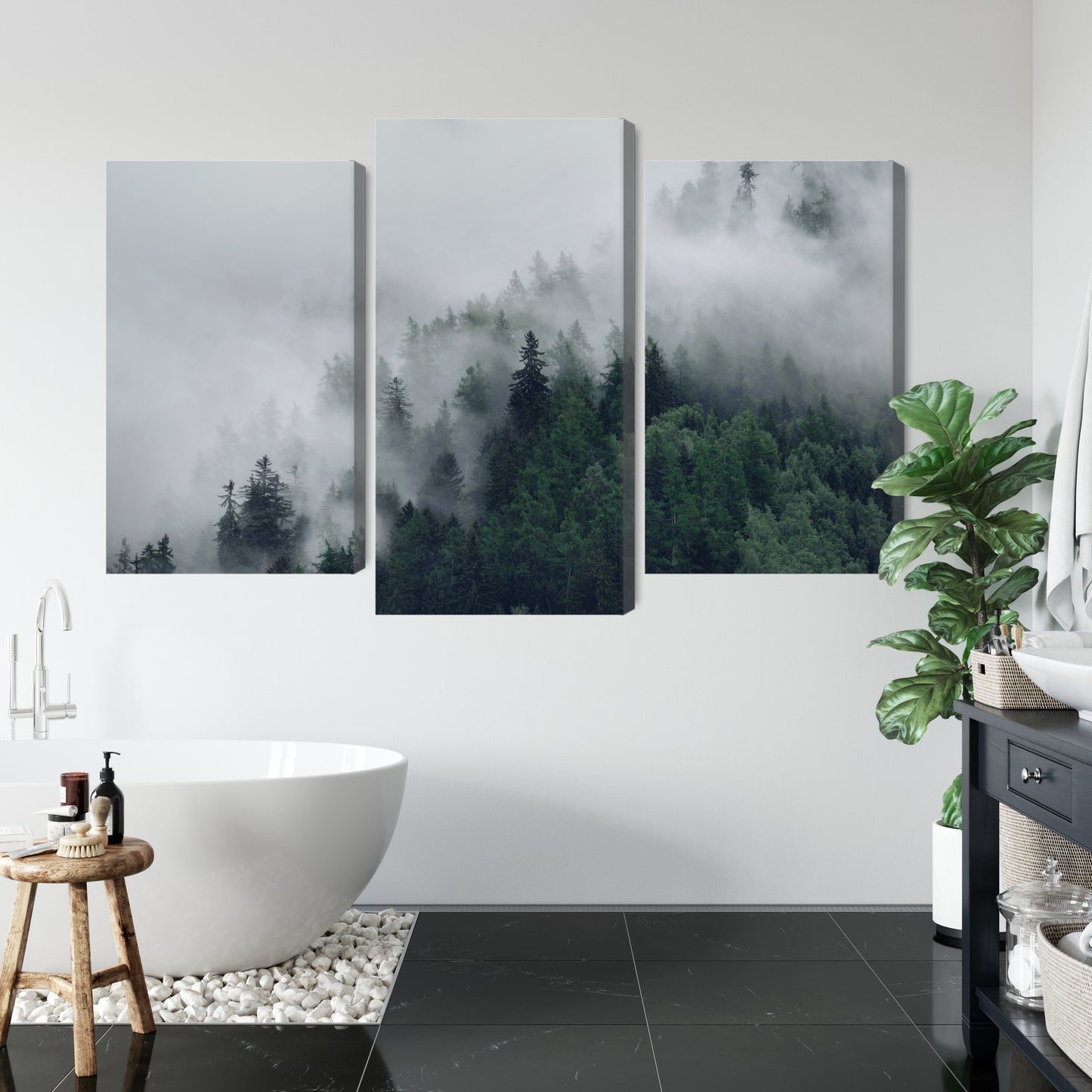 Obraz Wieloczęściowy Mglisty Las – spokojna panorama natury do wnętrz skandynawskich, japandi, minimalistycznych – widok 4