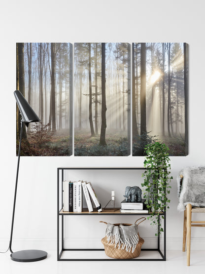 Obraz Wieloczęściowy Wschód Słońca w Lesie – naturalny spokój do wnętrz skandynawskich i boho – widok 8