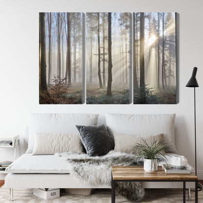 Obraz Wieloczęściowy Wschód Słońca w Lesie – naturalny spokój do wnętrz skandynawskich i boho – widok 3
