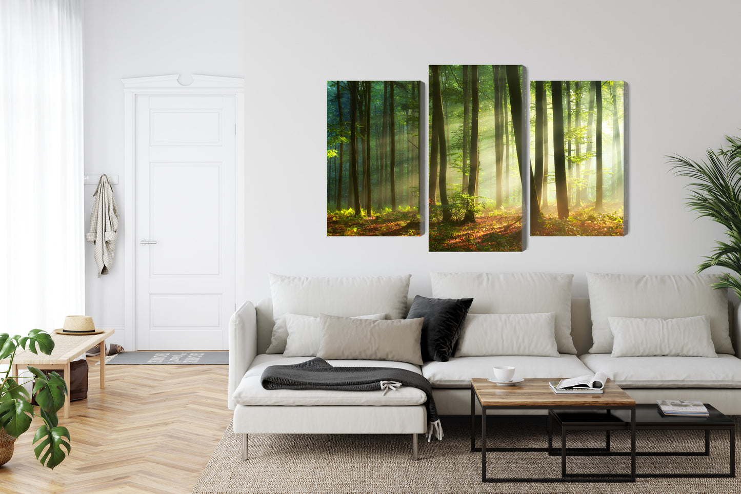 Obraz Wieloczęściowy Promienie Słońca w Lesie – słoneczna panorama do wnętrz naturalnych, skandynawskich – widok 5