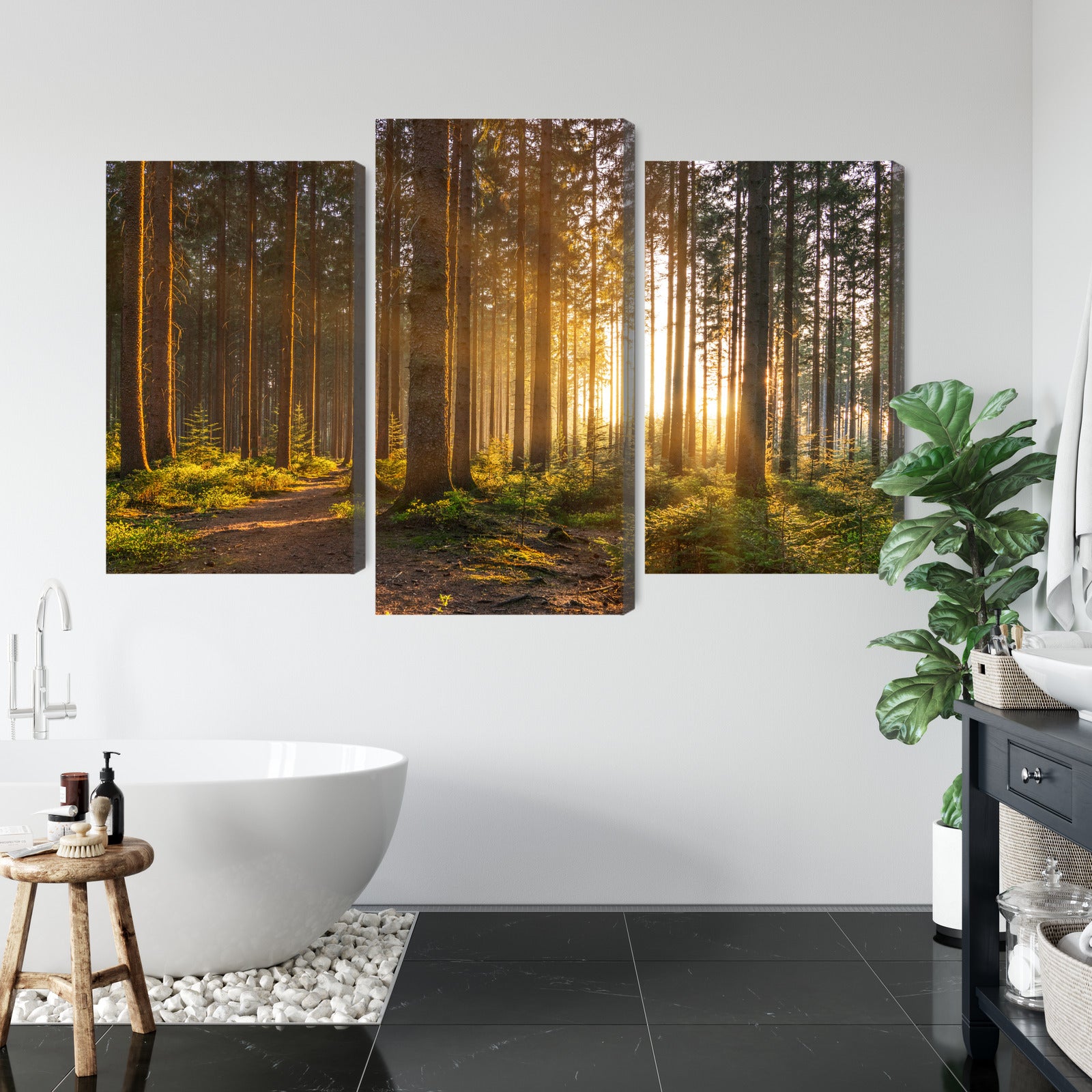 Obraz Wieloczęściowy Leśny Zachód Słońca – ciepła panorama do wnętrz naturalnych, rustykalnych i nowoczesnych – widok 4