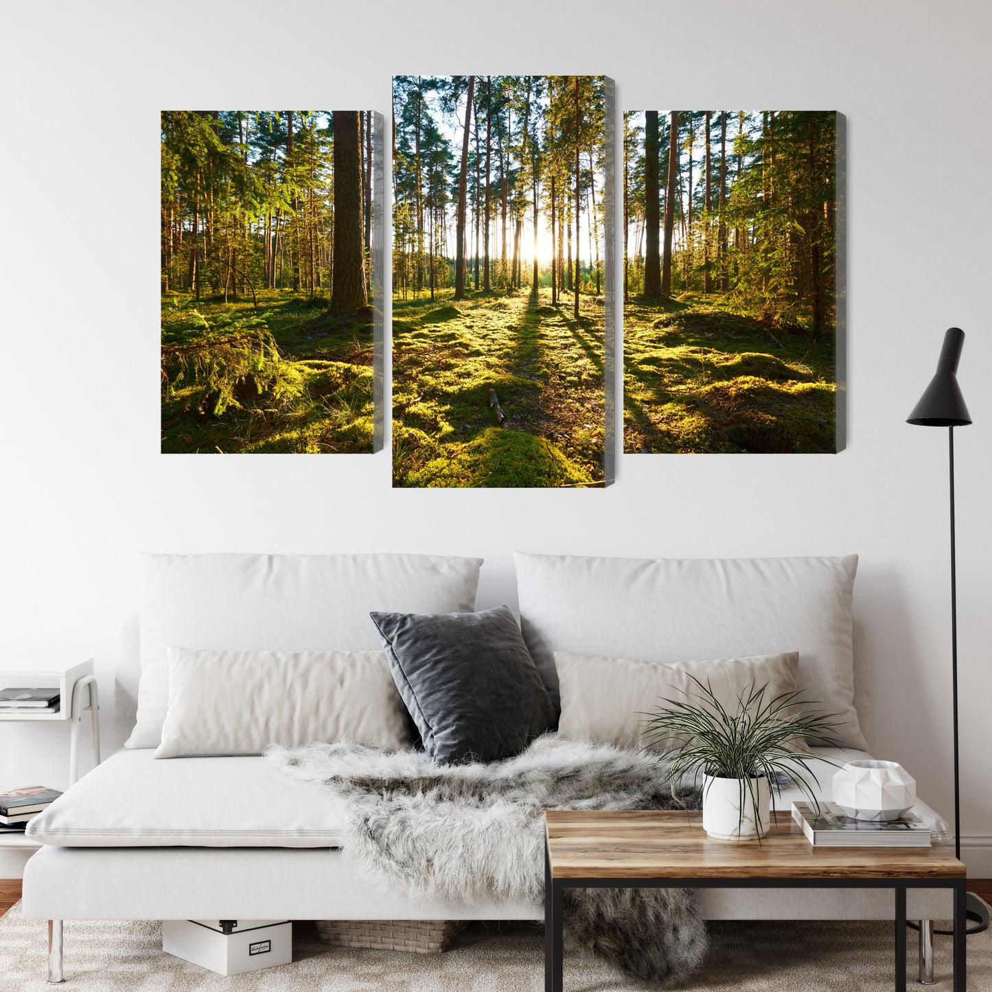 Obraz Wieloczęściowy Leśny Zachód Słońca – nastrojowa panorama do wnętrz naturalnych, boho i nowoczesnych – widok 3