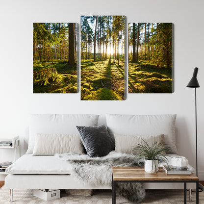 Obraz Wieloczęściowy Leśny Zachód Słońca – nastrojowa panorama do wnętrz naturalnych, boho i nowoczesnych – widok 3