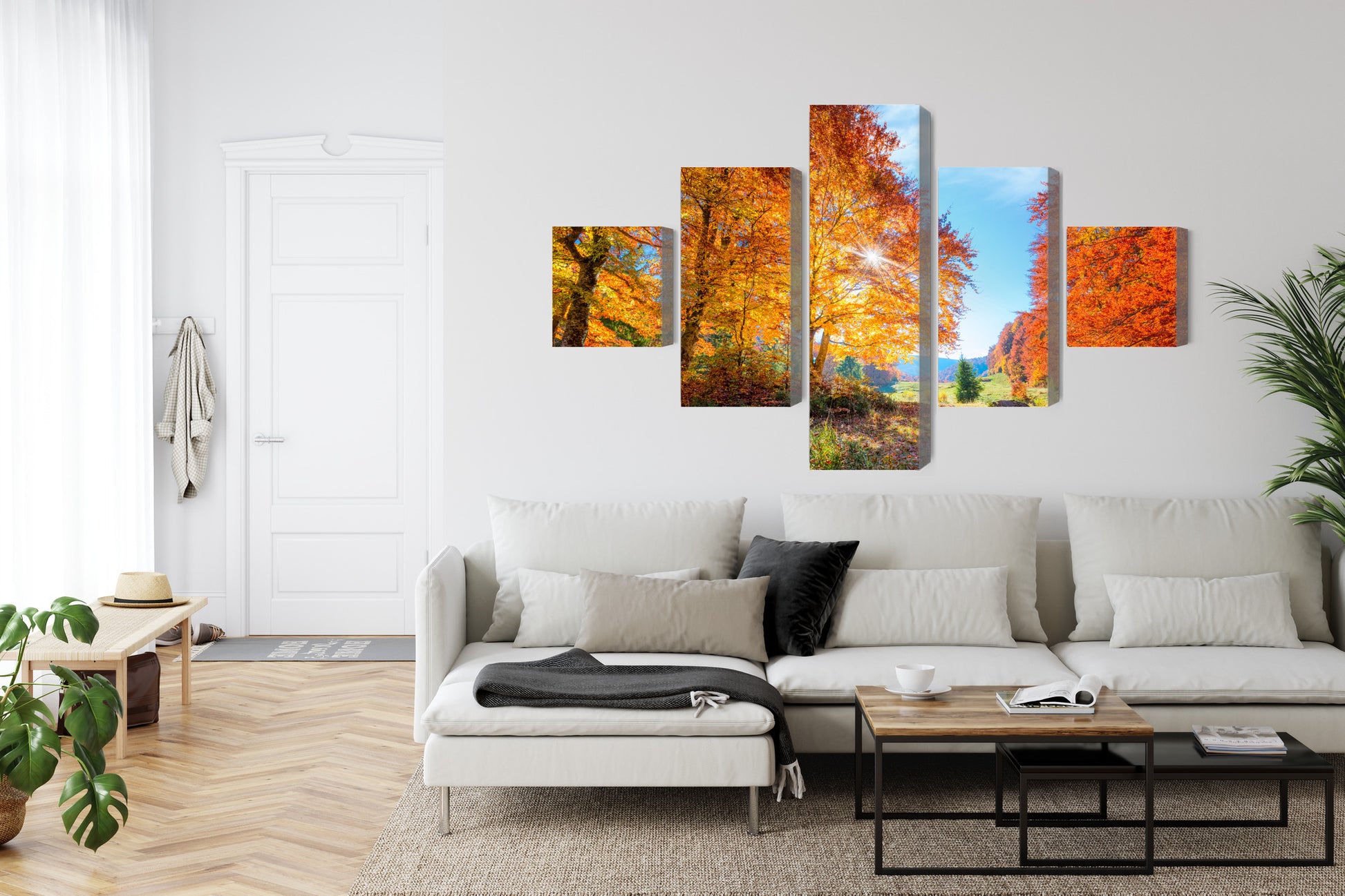 Obraz Wieloczęściowy Jesienne Drzewa – barwna panorama do wnętrz naturalnych, boho i nowoczesnych – widok 5