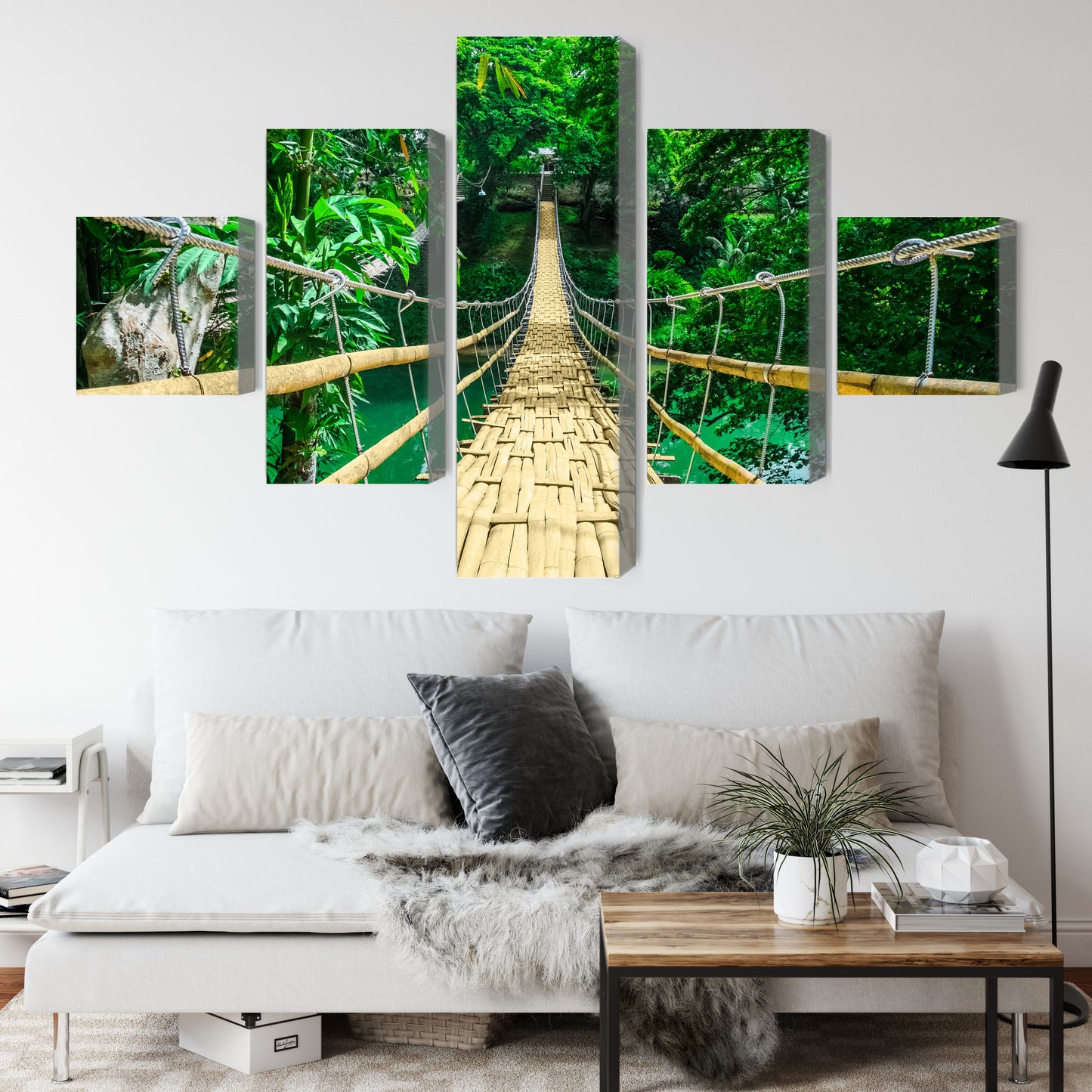 Obraz Wieloczęściowy Bambusowy Most w Lesie Tropikalnym – egzotyczna panorama do wnętrz boho i urban jungle – widok 3
