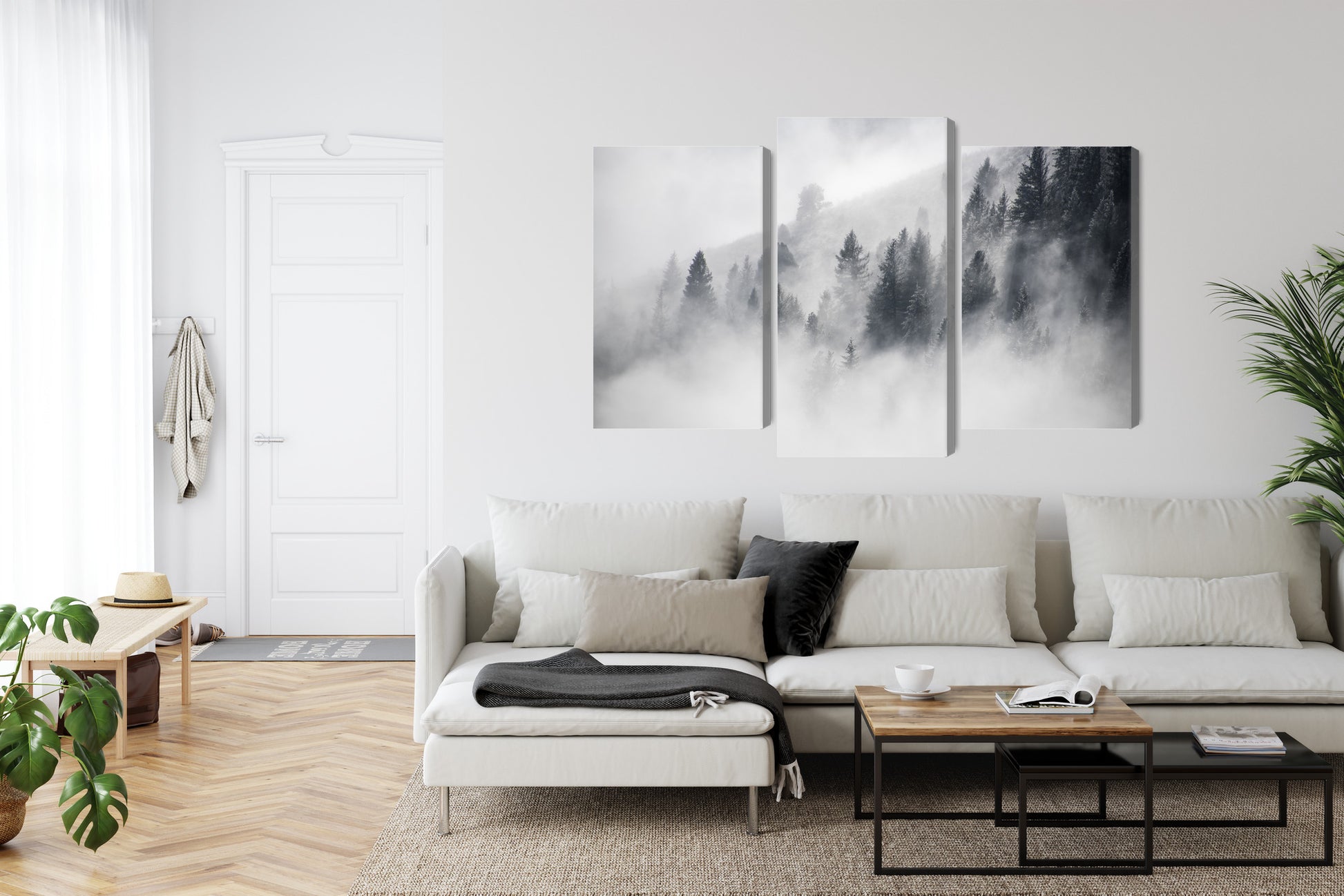 Obraz Wieloczęściowy Mglisty Las – spokojna sceneria do wnętrz skandynawskich, nowoczesnych i naturalnych – widok 5