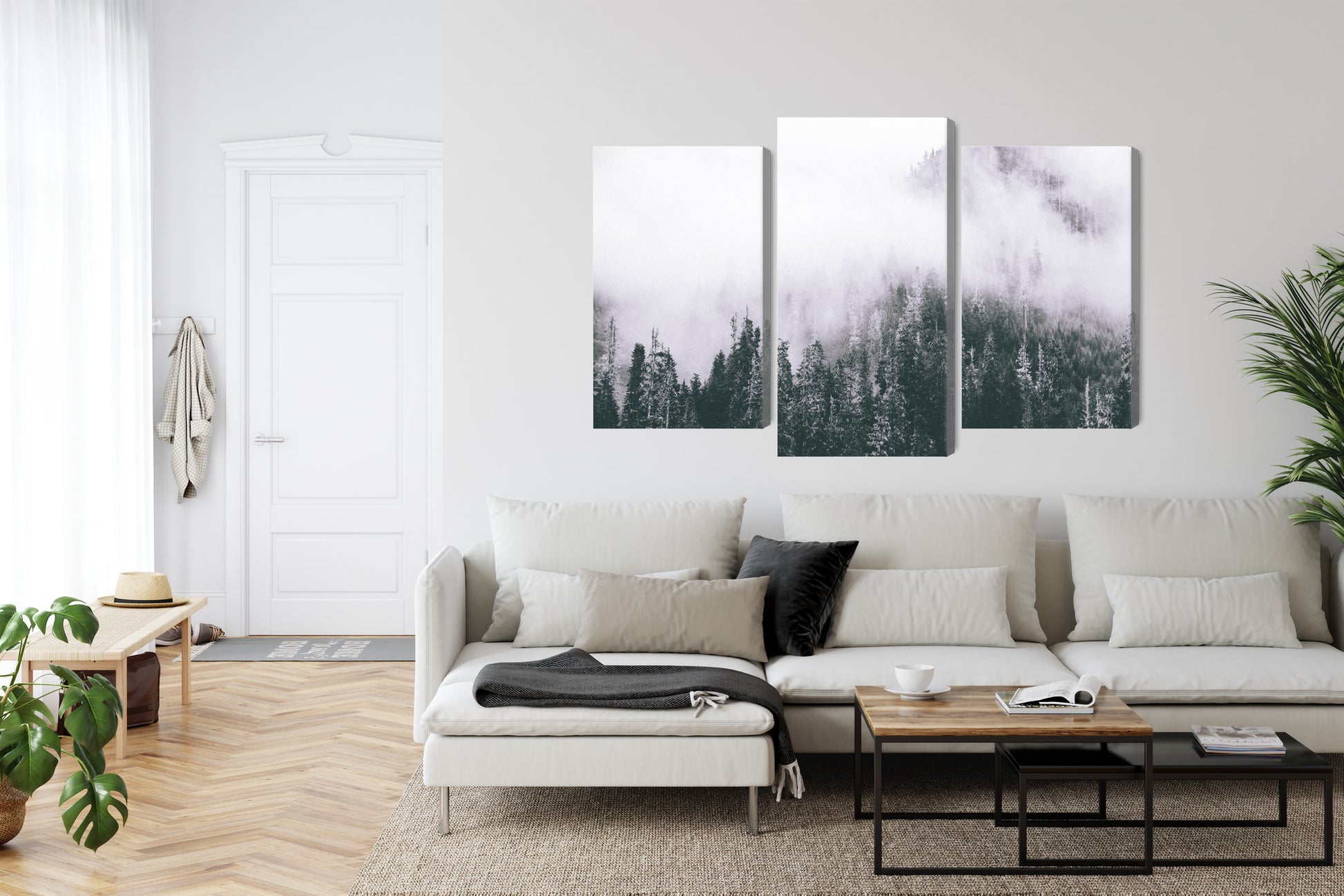 Obraz Wieloczęściowy Mglisty Las – tajemnicza panorama do wnętrz skandynawskich, nowoczesnych i minimalistycznych – widok 5