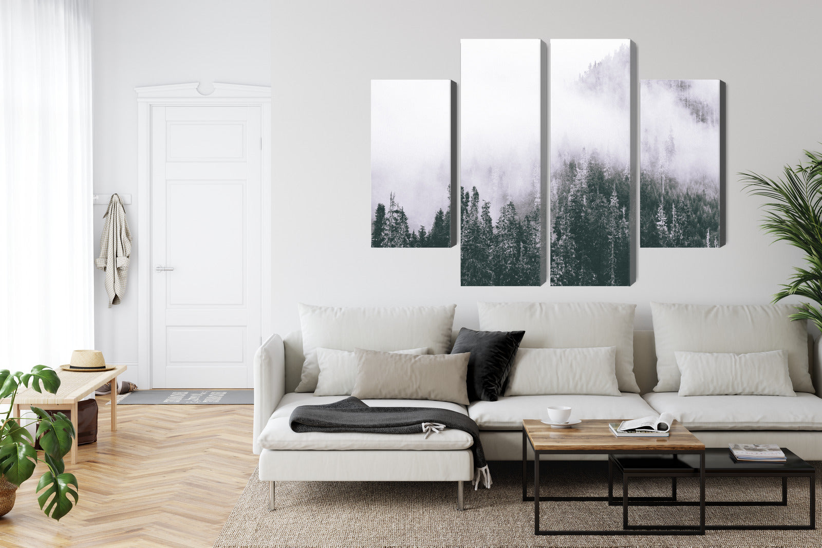 Obraz Wieloczęściowy Las Spowity Mgłą – tajemnicza panorama do wnętrz skandynawskich, nowoczesnych i minimalistycznych – widok 5